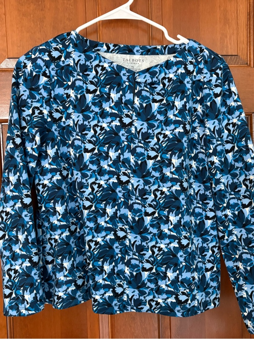 Talbots Blue and Black Floral Keyhole Neckline Top in Petite Medium